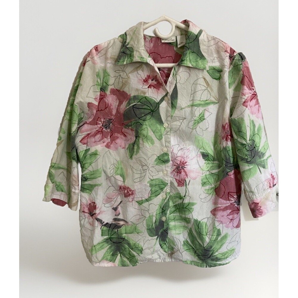 Kim Rodgers Women’s White Floral Button Up Blouse Work Casual Size 12 Petite